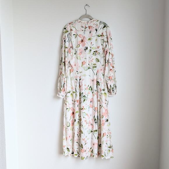 NWT Caroline Constas White Floral Print Long Sleeve Midi Maxi Linen Dress, sz M - Picture 2 of 8